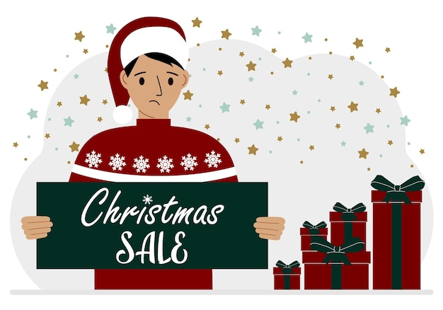 Vector un hombre con un suéter y un sombrero rojo de papá noel sostiene un cartel con el texto sobre la venta de navidad en su mano ilustración plana vectorial