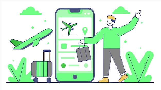 un hombre con un suéter verde y una camisa verde con un avión en la pantalla