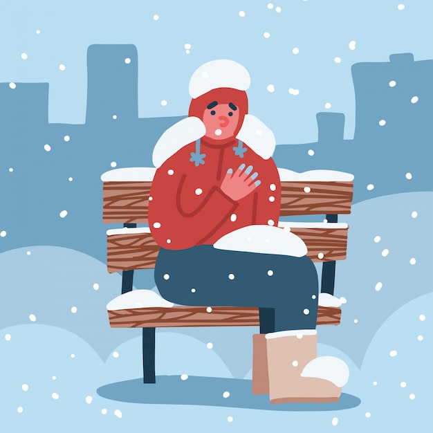 Vector el hombre sufre de congelación. un hombre con las manos congeladas en invierno se sienta en un banco cubierto de nieve en invierno. ilustración dibujada a mano plana.