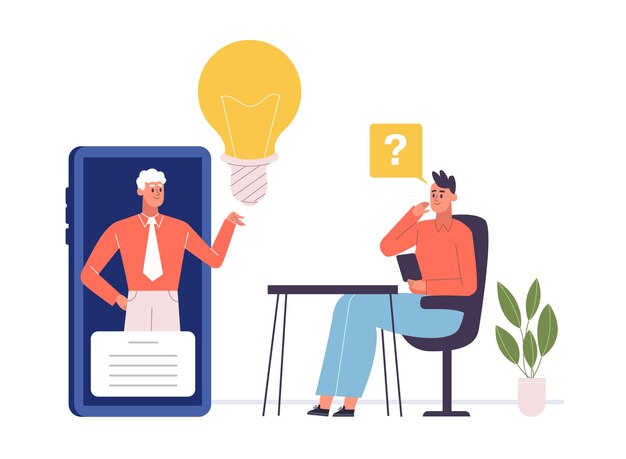 Hombre sugiriendo una idea creativa desde la pantalla del teléfono móvil Empleado sentado en el escritorio y hablando con un colega