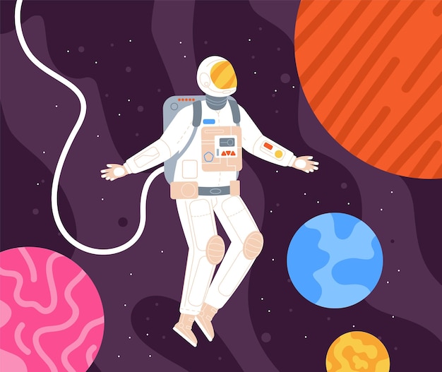 Hombre en suite espacial cósmica colorido astronauta descubrimiento espacio planeta estrella espaciado casco de caminante espacial para vuelo espacial misión interestelar nave espacial espléndida ilustración vectorial