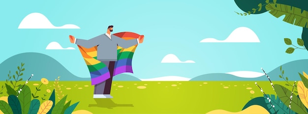 Hombre sujetando la bandera del arco iris lgbt gay lesbianas desfile del amor festival del orgullo transgénero amor concepto paisaje fondo horizontal ilustración vectorial de longitud completa