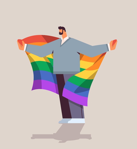 Hombre sujetando la bandera del arco iris lgbt gay lesbianas desfile de amor festival del orgullo transgénero concepto de amor ilustración vectorial de longitud completa