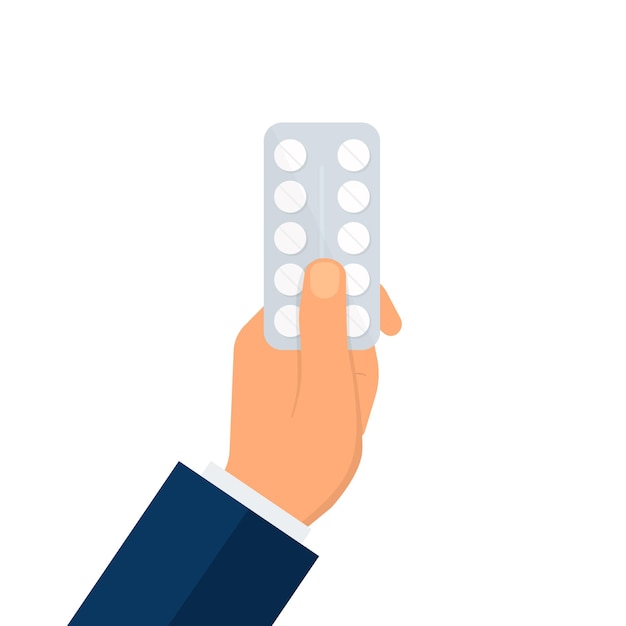 Hombre sujetando un blister de pastillas en la mano sobre fondo rojo Concepto sanitario ilustración vectorial