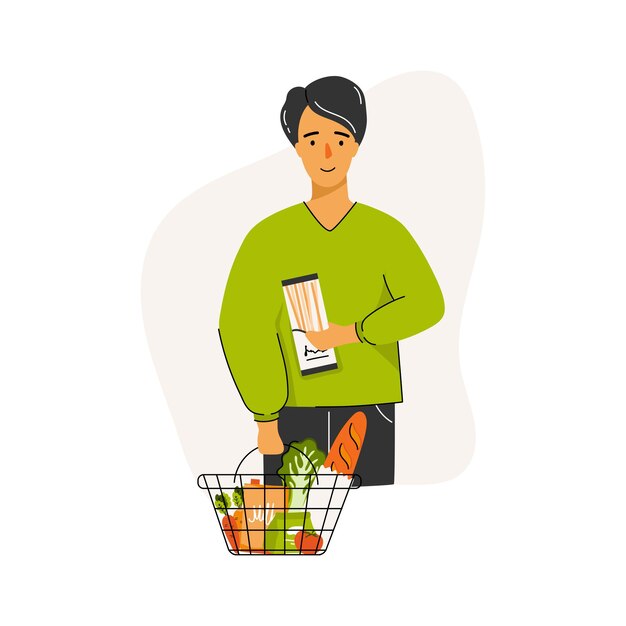 Hombre sujetando una cesta de la compra y una lista de la compra Concepto vegetariano o sin gluten