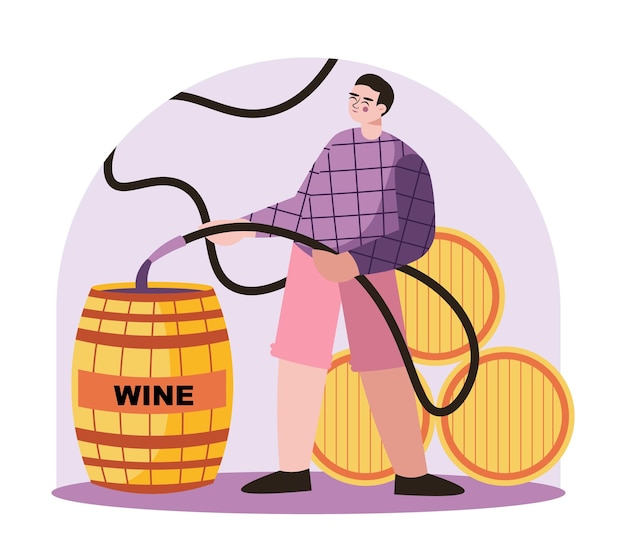 Hombre sujetando manguera y vertiendo jugo de uva Proceso de elaboración del vino con uvas naturales
