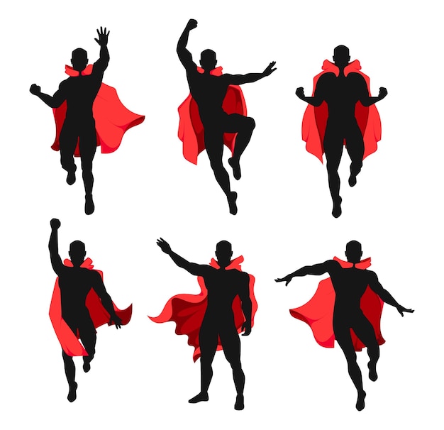 Vector hombre superhéroe en capa roja personajes masculinos musculosos de dibujos animados en trajes de disfraz con capas volando y luchando conjunto aislado vectorial