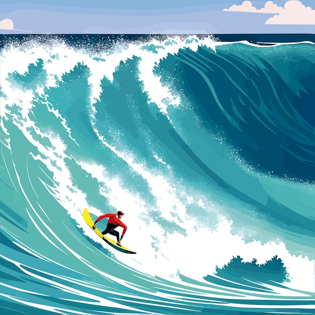 Vector hombre surfeando grandes olas océano ilustración