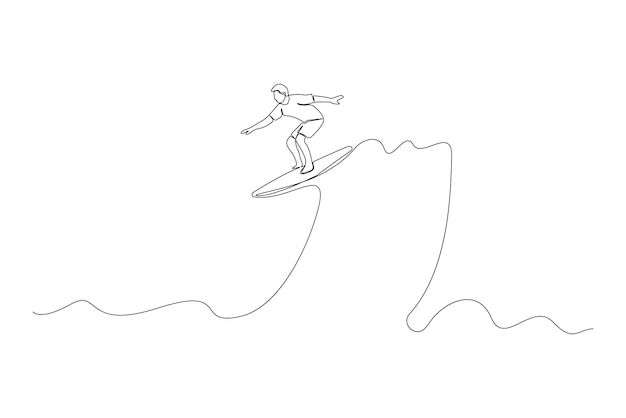 Hombre surfeando en una ola dibujo artístico en línea concepto de surf vector de contorno continuo