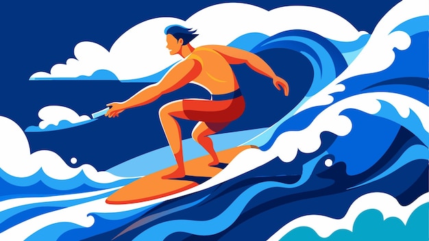 un hombre en una tabla de surf montando una ola con una imagen de un hombre surfando