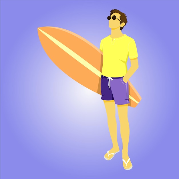 Vector un hombre con una tabla de surf que tiene la palabra surf.