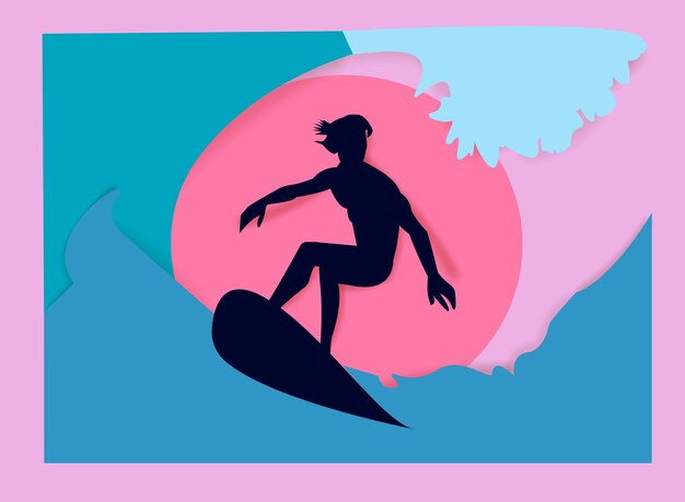 Vector un hombre en una tabla de surf se recorta contra un fondo rosa y azul.