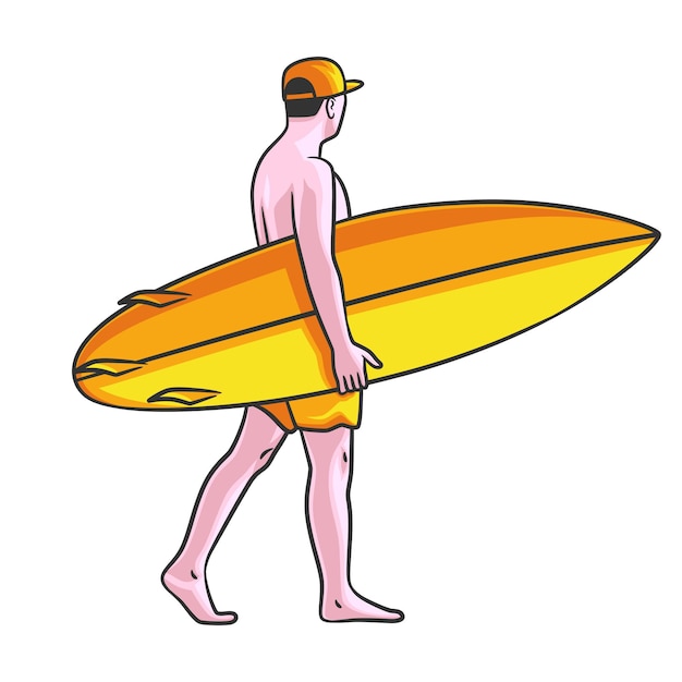 hombre, con, tabla de surf, vector, ilustración, deportivo, atlético, hombre, con, tabla de surf, en, playa