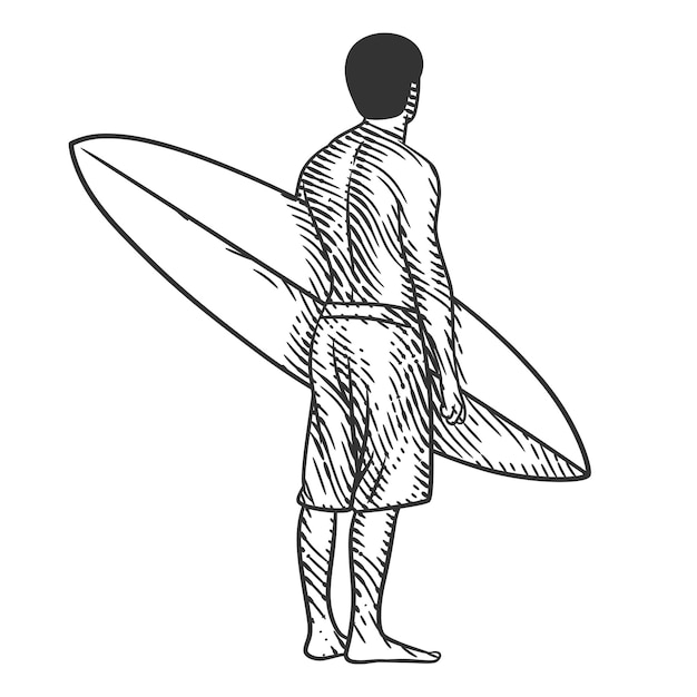 hombre, con, tabla de surf, vector, ilustración, en, grabado, estilo