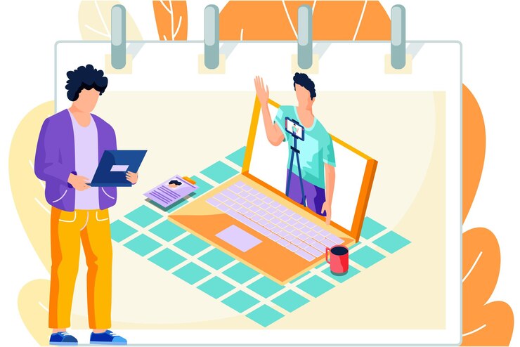 Vector un hombre con tablet pc está parado cerca de una laptop con reproductor de video y trabajando en redes sociales