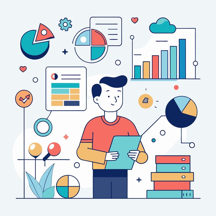 Vector un hombre con una tableta en las manos centrándose en la pantalla en busca de ideas sobre el análisis de datos ilustración vectorial plana simple y minimalista