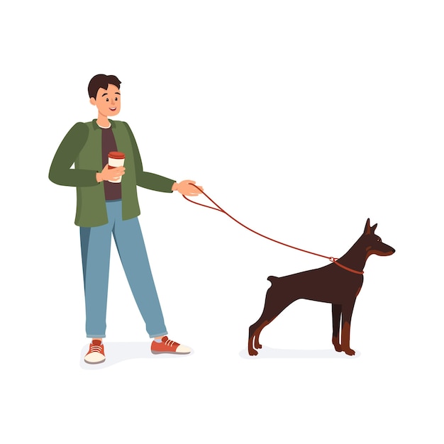 Un hombre con una taza de café en la mano pasea al perro doberman