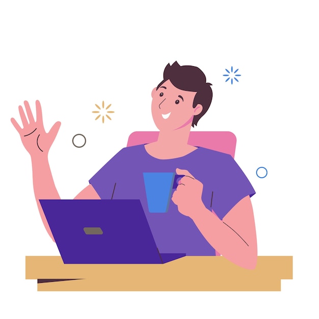 Un hombre con una taza trabaja en una computadora portátil Trabajo autónomo Comunicación en línea