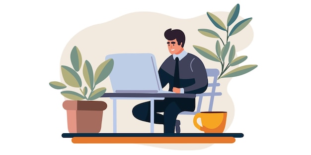Hombre con taza trabajando en computadora pagando facturas freelancer trabajador remoto ilustración vectorial