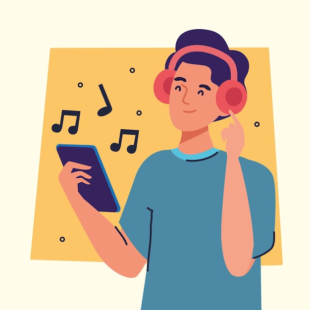 Vector hombre con teléfono inteligente escuchando música