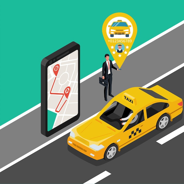 Un hombre con un teléfono inteligente llama a un taxi Taxi de coche en la pantalla Una aplicación para rastrear un coche
