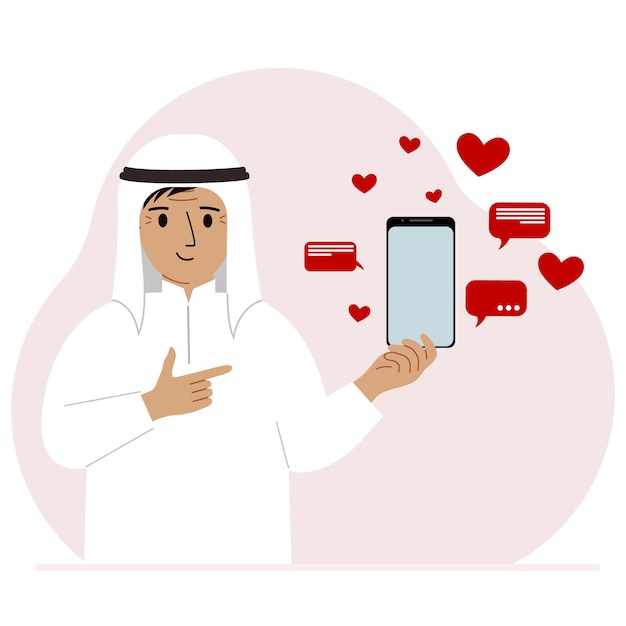 Un hombre con un teléfono inteligente en la mano El concepto de redes sociales de comunicación por correspondencia Muchos corazones
