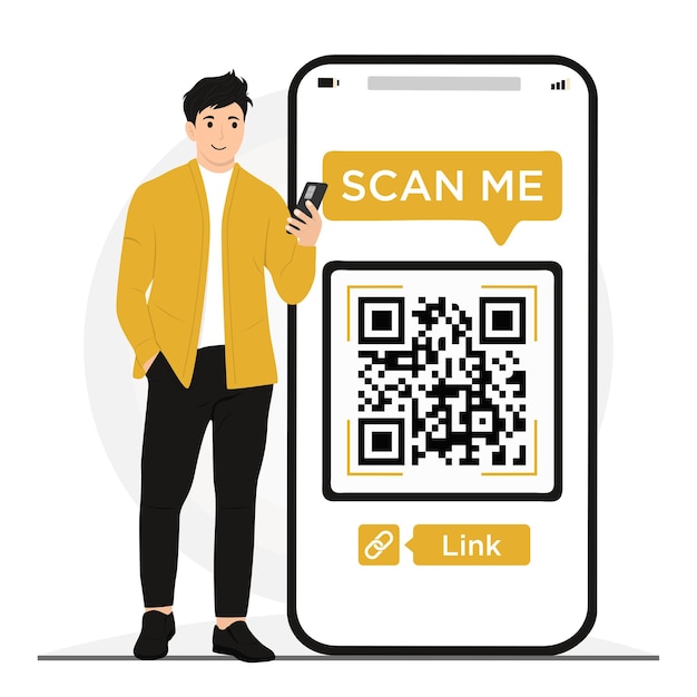Hombre de teléfono inteligente de vector plano escaneando código qr