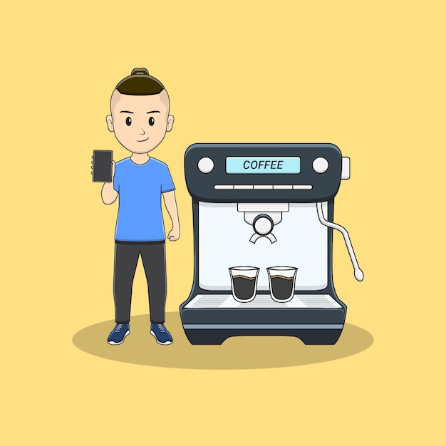 hombre con teléfono y máquina de café