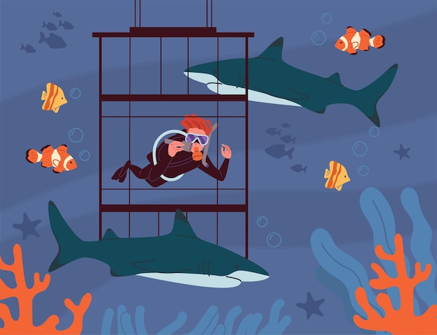 Hombre con tiburones bajo el agua concepto joven en traje de baño negro con peces habitantes náuticos scubba