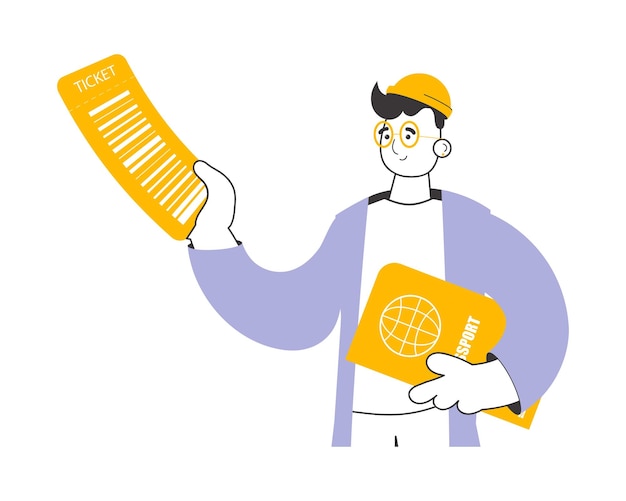 El hombre tiene un boleto y un pasaporte Tema de viaje Estilo lineal Vector aislado