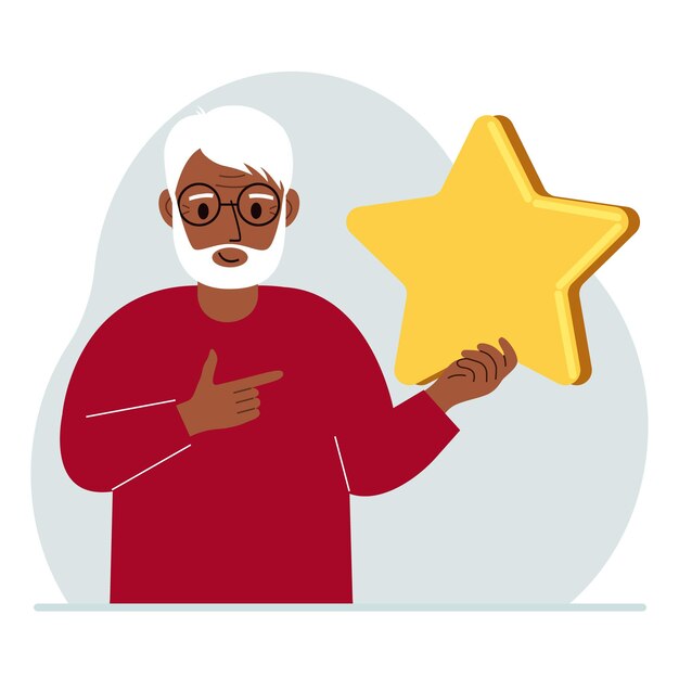 El hombre tiene una calificación de servicio de estrellas o una calificación de usuario positiva Revisión del producto por parte del consumidor Comentarios