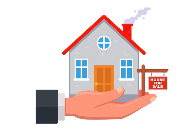 Un hombre tiene una casa en la palma de su mano. Propiedad en venta. ilustración vectorial plana.