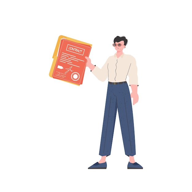 El hombre tiene un contrato. El personaje se representa en pleno crecimiento. Aislado en fondo blanco. Ilustración vectorial.