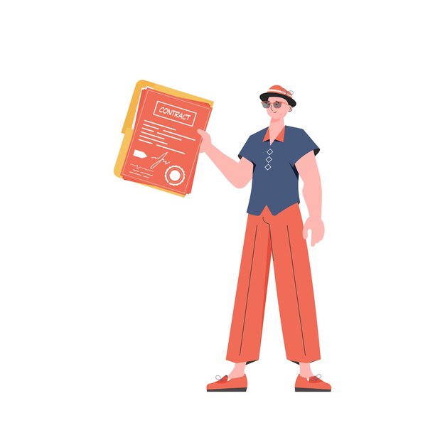 El hombre tiene un contrato El personaje se representa en pleno crecimiento Aislado sobre fondo blanco Ilustración de vector de estilo de tendencia