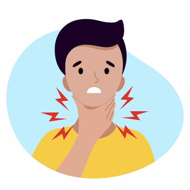 El hombre tiene dolor de garganta. Una persona sufre de angina. Ilustración de vector sobre el tema de la salud y la medicina.
