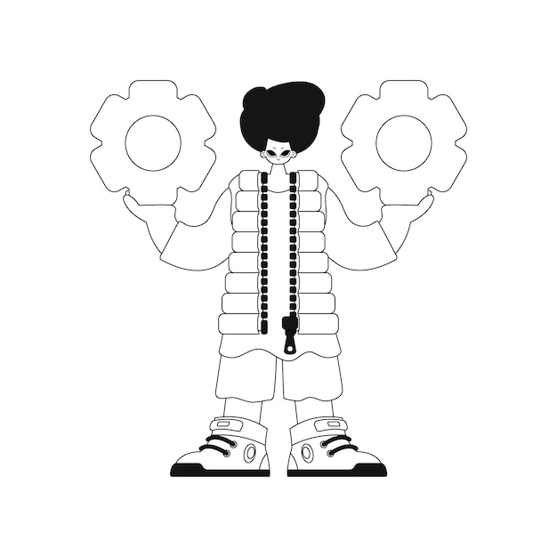 El hombre tiene la mano en los engranajes. Ilustración de vector lineal.