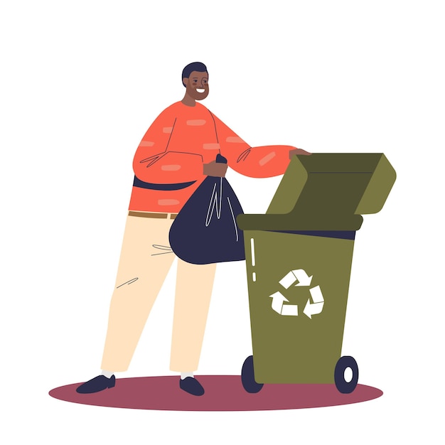 Hombre tirando basura de casa. Casa de limpieza masculina joven ocupada con las tareas domésticas. Concepto de actividades domésticas. Ilustración de vector plano de dibujos animados