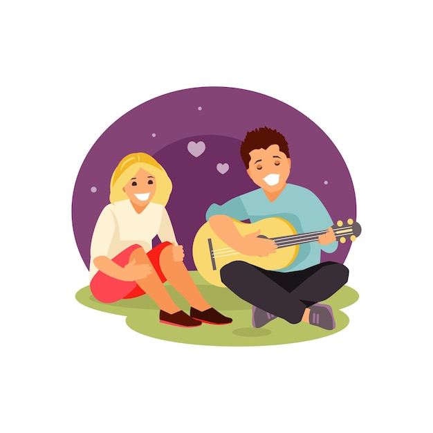El hombre toca la guitarra y canta para su mujer. día de san valentín. ilustración vectorial