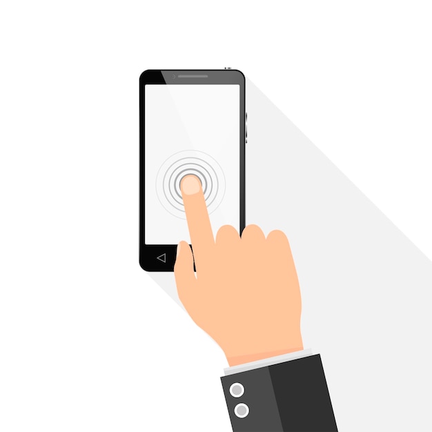 Vector un hombre toca el teléfono de pantalla táctil con el dedo ilustración vectorial