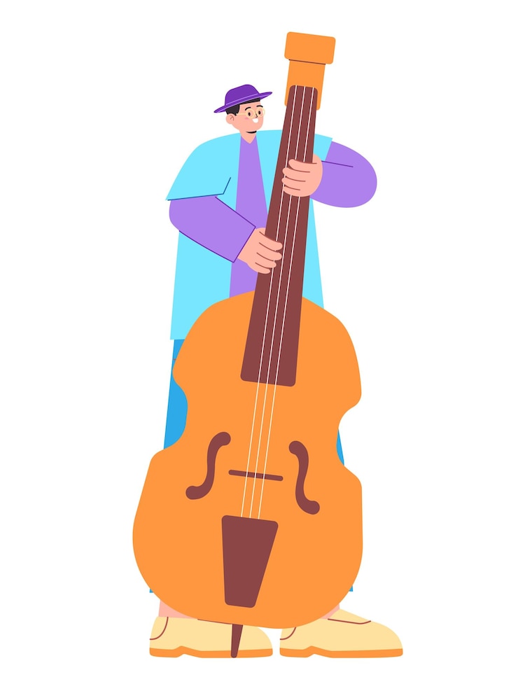 Vector hombre tocando bajo contrabajo instrumento musical solo plano ilustración colorida actuación joven
