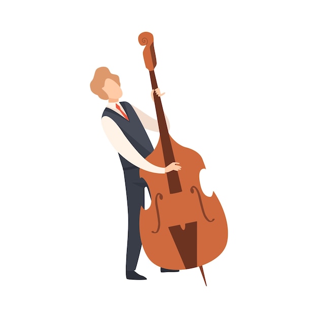 Hombre tocando contrabajo Personaje de músico de jazz masculino con ropa elegante con ilustración vectorial de instrumento musical en fondo blanco