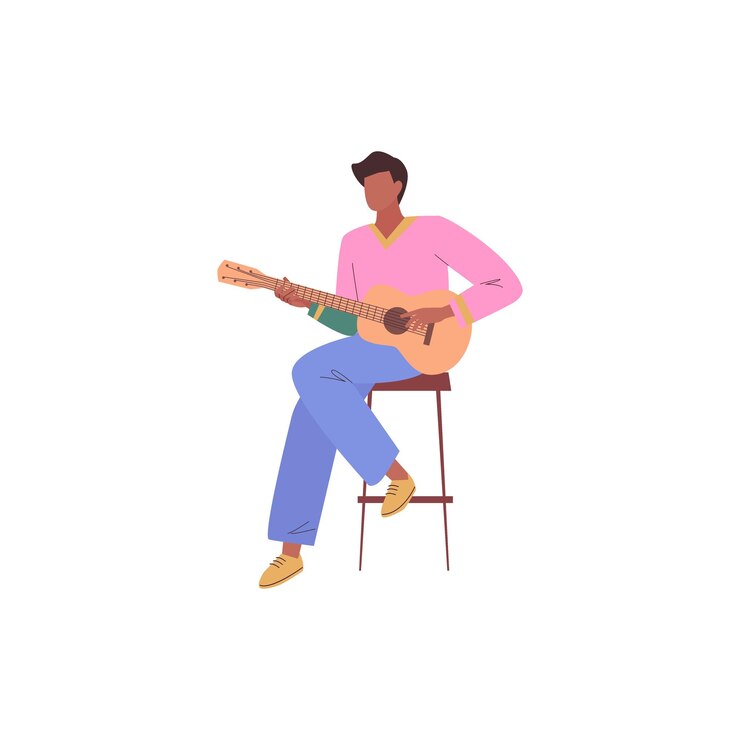 Vector un hombre tocando una guitarra en una camisa rosa