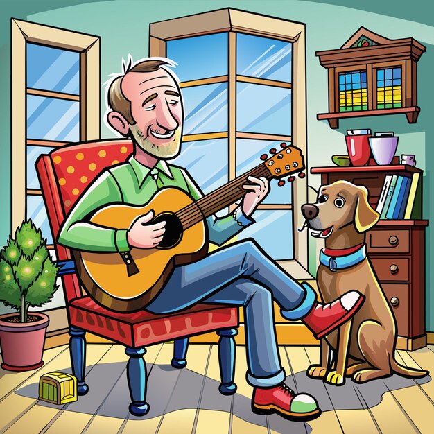 Vector un hombre tocando la guitarra con un perro y un perro