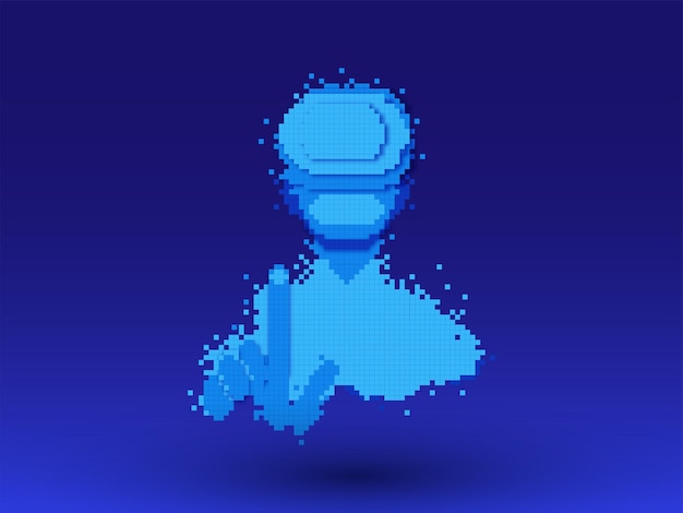 Hombre tocando un objeto a través de la caja VR en Pixel Art contra el fondo azul.
