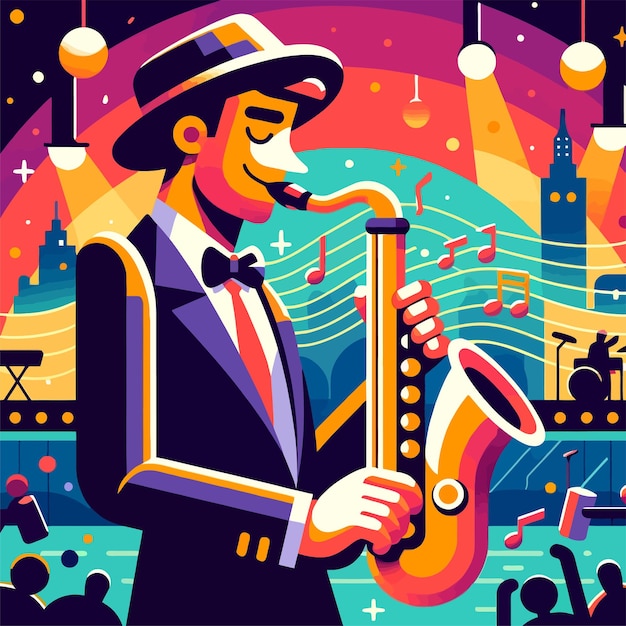 hombre tocando el saxofón en un festival de música jazz en una ilustración de diseño plano