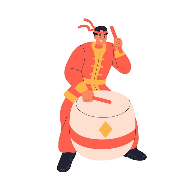 Hombre tocando el tambor tradicional chino Músico de la calle en traje festivo celebrando la fiesta de Año Nuevo con ritmo de música en percusión Ilustración vectorial plana aislada sobre fondo blanco