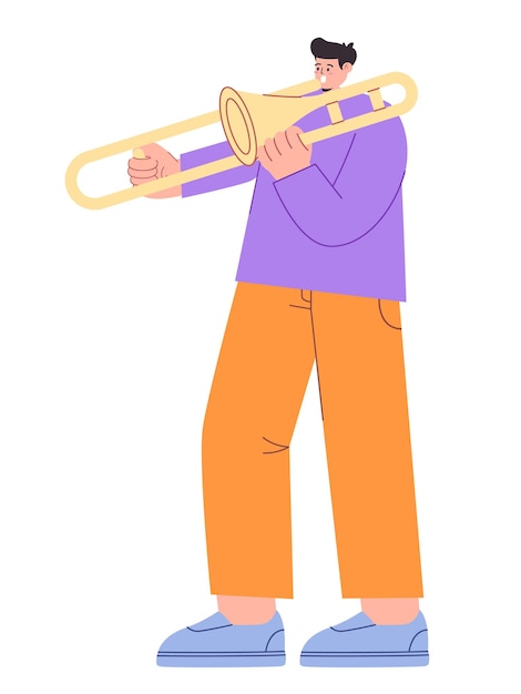 Hombre tocando trompeta instrumento de música corneta de bronce solo dibujando plano ilustración colorida joven actuación dibujos animados
