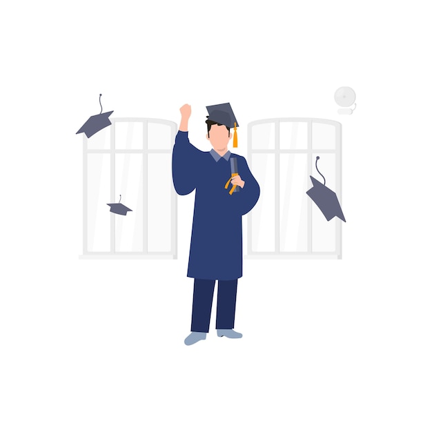 Un hombre con una toga azul de graduación lanza su sombrero al aire.