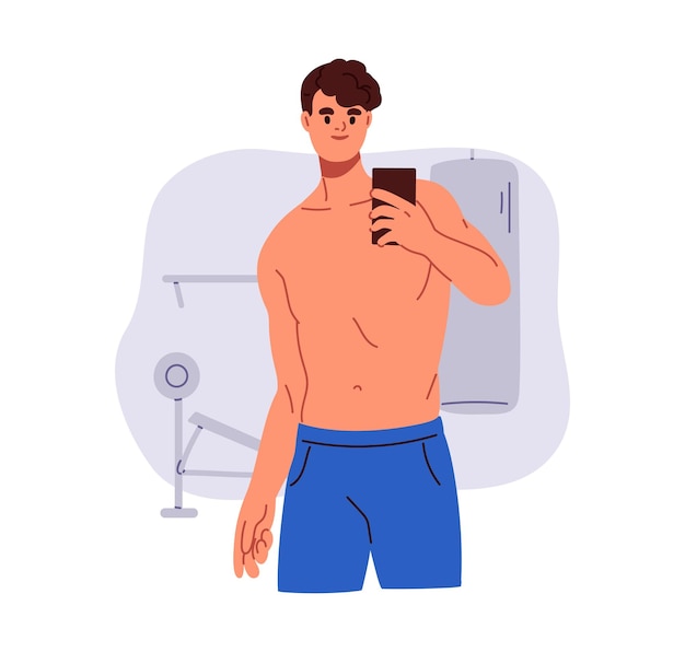El hombre se toma selfie con el teléfono móvil en el espejo del gimnasio. Chico joven con torso desnudo, foto de fitness, autorretrato después del entrenamiento deportivo. Persona delgada feliz. Ilustración de vector plano aislado sobre fondo blanco