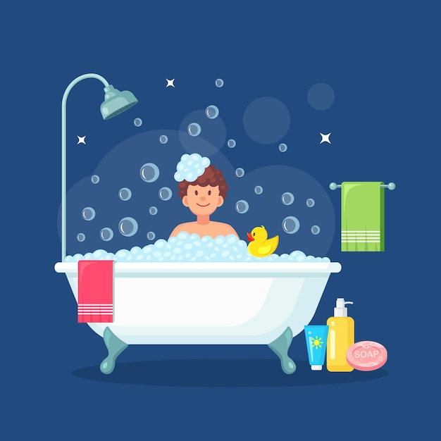 Hombre tomando un baño en el baño con patito de goma. Lavar el cabello, el cuerpo. Bañera llena de espuma con burbujas
